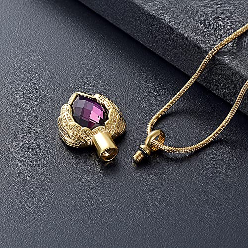 memorial jewelry Gold Angel Wings Glass Heart Urn Pet/Human Cremation Pendant Necklace Jewelry for Ashes - color: Purple