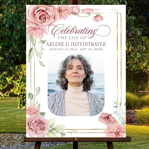 Personalized Floral Funeral Yard Sign with Photo, Custom Celebration of Life Welcome Sign, Elegant Rose Garden Memorial Banner, Sympathy Remembrance Decor, Outdoor Funeral Sign - color: Background #14