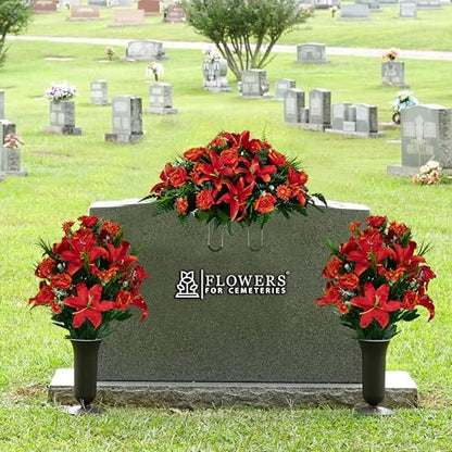Sympathy Silks Artificial Cemetery Flowers - Gravesite Flowers - Fire Red Lily, Rose, and Daisies - (1) Headstone Flower Saddle & (2) Matching Bouquet (2) Cemetery Vase Included - color: Fire Red, size: (1) Saddle (2) Bouquet (2) Vase