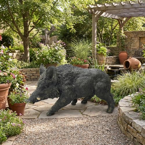 Wild Boar Statue, 21.26 in Dark Bronze-Tone Resin Garden Sculpture | Textured coat and visible tusks; low forward-moving pose for patios, lawns, woodland displays, hunters, and wildlife fans - color: Wild Boar