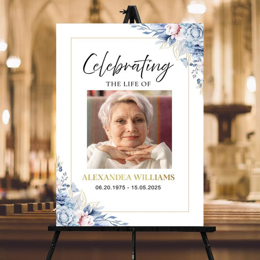 Dusty Blue Floral Funeral Welcome Sign, Celebration Of Life Decoration, Memorial Decor Signs, Funeral Decorations, Celebration of Life Sign With Photo, Custom Memorial Welcome Signs with Picture - color: Style #9