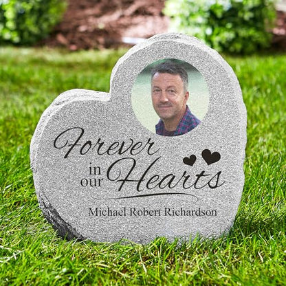 Let's Make Memories Personalized Memorial Garden Stone - Sympathy - Loss of Loved One - Condolences - Outdoor - Headstone - Durable Resin - Upright Garden Marker - Forever in Our Hearts - style: Forever in our Hearts