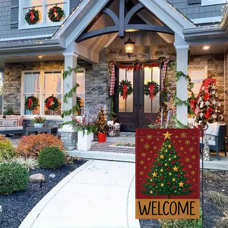 Merry Christmas Garden Flag 12x18 inches Welcome Sign Red, green, and gold Christmas tree with stars, holly berries, and snowflakes, designed for indoor and outdoor weather resistance, suitable for terraces, courtyards, decks, and holiday decorations.outd