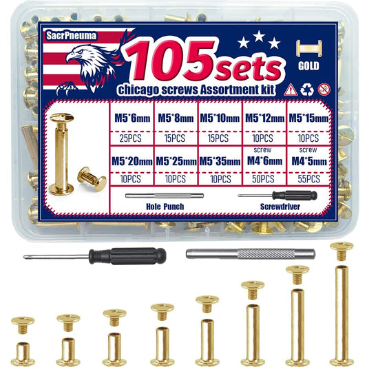 Chicago Screws for Leather, 105 Sets, Long Posts 6-35mm, Gold | For thick leather and layered crafts; functions as screw rivets, binding posts or belt screws for bookbinding and holsters - color: GOLD, size: 105 Sets
