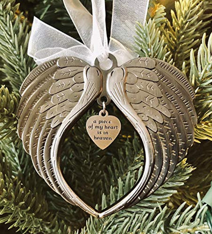 Christmas Ornaments Angel Wings - A Piece of My Heart is in Heaven | Christmas Ornaments, A Piece of My Heart is in Heaven, Christmas Tree, Loss of Loved One, Luxurious Silk Ribbon, Red Gift Bag - color: A Piece of My Heart