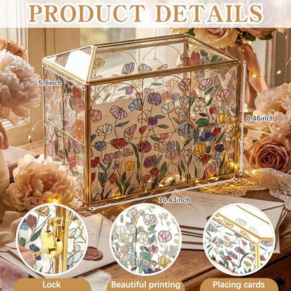 Patelai Floral Stained 12.6 Inch Large Wedding Glass Card Box with Slot | Wedding Envelope Holder for Reception Gold Card Box with Lock Decorative Baby Shower Birthday Party Bridal Shower - size: 10.43 x 5.9 x 8.46 Inches