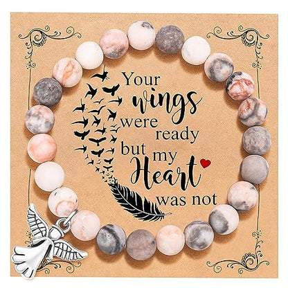 QWNHONEY Memorial Gifts for Loss of Loved Sympathy Remembrance In Memory of Mother Father Pet Bereavement Grief Pink Red Beads Bracelet with Angle Wings Jewelry Gifts for Women - style: Pink-Angel-Your wings were ready