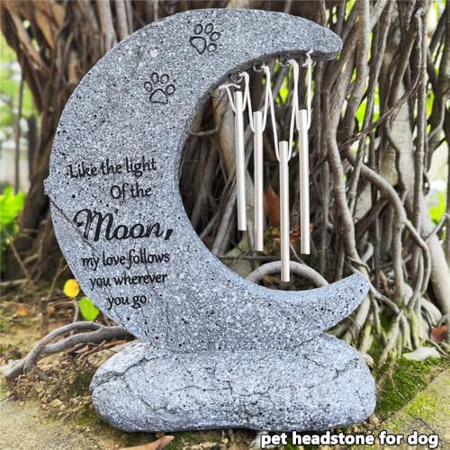 Pet Dog Memorial Stone Headstone Grave Marker with Windchimes | Pet Gravestone for Dog Lost, Moon Shape, Weatherproof, Handmade of Resin, Sympathy Pet Dog Cat Memorial Gifts Outdoor