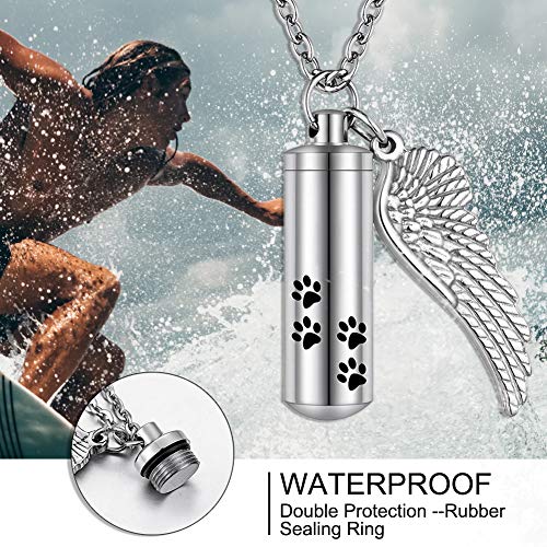 abooxiu Cylinder Cremation Urn Necklace with Angel Wing & Pet Paw - Ashes Keepsake for Dog/Cat Memorial - color: Silver-M