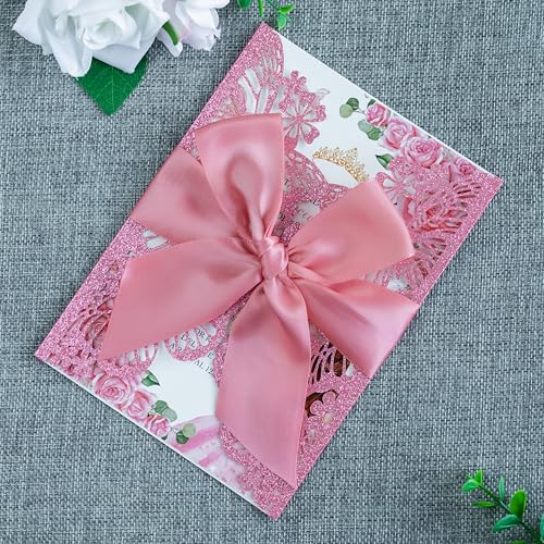 20 PCS Butterfly Quinceanera Invitation, Laser Cut Invitation Cards | 5.12x7.2" Pink Glitter Butterfly Quinceanera Invitation with Envelopes for XV Anos Bridal Shower Baby Shower Invite - color: Pink Glitter