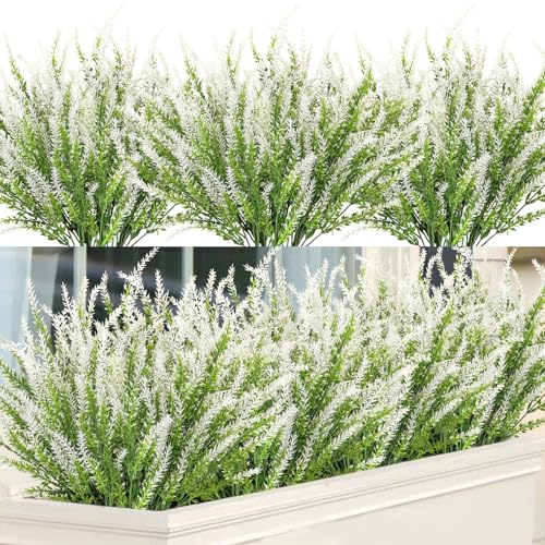 12 Pcs Artificial Lavender Fake Flowers Outdoors, White | Realistic, faux plastic plants, UV resistant, for home wedding garden patio window table centerpieces indoor outdoor decor - color: White, size: 12 Bundles