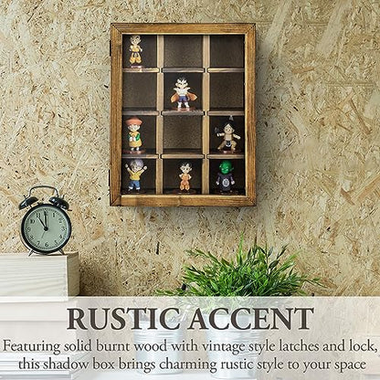 MyGift Shadow Box with Shelves, Display Case with 12 Compartments for Collectibles, Rustic Burnt Solid Wood with Cork Back, Clear Acrylic Viewing Panel, Hinged Door with Magnetic Closure