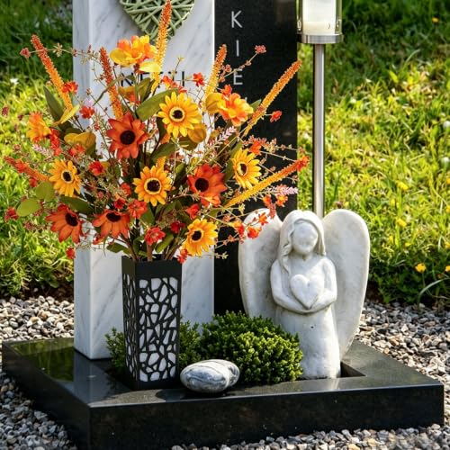 2PCS Artificial Fall Flowers for Cemetery Grave Fake Daisy with Vase, 27in | UV Resistant Autumn Grave Decor Artificial Lavender Daisy Cemetery Flowers for Headstone Tombstone Thanksgiving Outdoor
