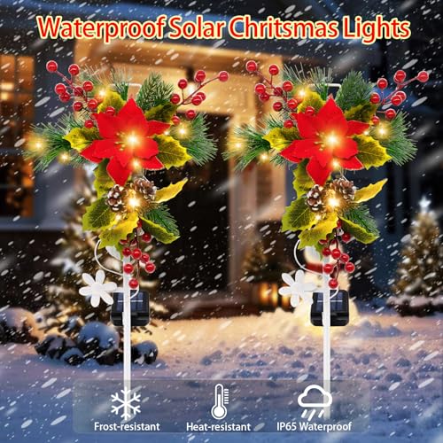 Solar Christmas Decorations Outdoor, 4 Pack 32 Inch Solar Christmas Cross Stake Lights, Waterproof Grave Decorations with Poinsettia Flower Pinecones Red Berries for Garden Yard Patio Lawn Cemetery - style: 4 Pack Poinsettia Cross