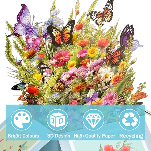 Pop Up Card, Wildflowers & Butterflies Birthday Card for Women | 3D Box Greeting Card for Mom, Wife, Daughter, Sister, Happy Birthday Gifts for Women, Blank Notecard & Envelope - color: Happy Birthday Wildflowers
