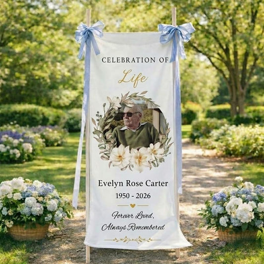 Customized Memorial Linen Banner, Personalized Celebration of Life Fabric Sign with Photo, In Loving Memory Funeral Tapestry, Cotton Linen Memorial Tribute Banner for Loved One - color: Design 5