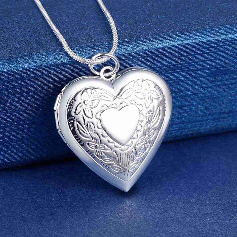 925 Sterling Silver Necklace for Women – Layered Stackable Choker Necklaces with Heart Photo Locket & Star - Pendant 18" Chain Gift for Wife, Mom, Girlfriend, Birthday, Anniversary, Valentine’s Day - color: Carved heart