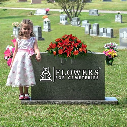 Sympathy Silks 30" Headstone Flower Saddle Artificial Cemetery Flowers - Gravesite Flowers - Fire Red Lily, Rose, and Daisies - color: Fire Red, size: Saddle