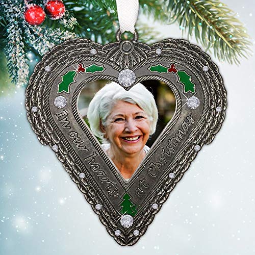 Memorial Christmas Ornament with Photo – in Our Hearts at Christmas Sympathy Ornament with Angel Wings, Holly & Berry Accents – Personalized Remembrance Gift for Loss of Loved One – 3.5" Heart