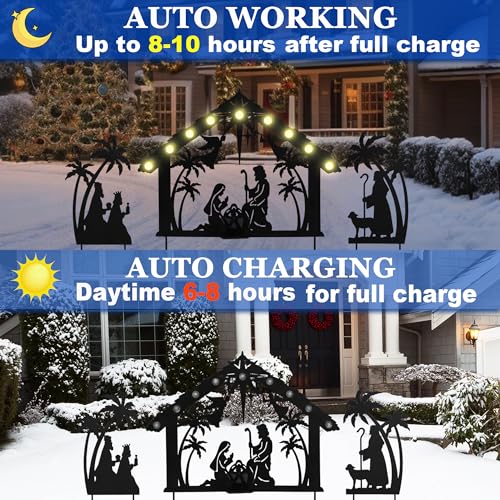 3 Pack Solar Nativity Scene Garden Stake 16.7in Metal Christmas Light - color: Black Jesus