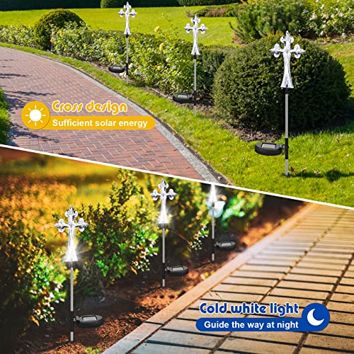Riakrum 4 Pcs Solar Cross Lights Cemetery Memorial Stake 16 Inch,Cross | Waterproof Outdoor Garden Stake, Grave Decorations Religious Solar Powered, Cemetery Yard Memorial Markers