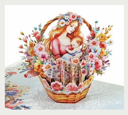 iGifts And Cards Mother & Baby Floral Basket 3D Pop-Up Card 6" x 6" | Eternal Nurture, Watercolor Art, First Mother's Day, Baby Shower, Congratulations, Grandmother, New Parent, Keepsake Memento - color: Mother and Baby