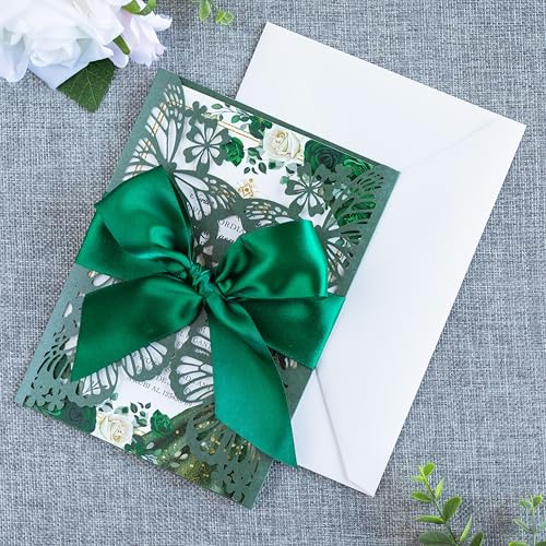 20 PCS Butterfly Quinceanera Invitation, Laser Cut Invitation Cards | 5.12x7.2" Emerald Green Butterfly Quinceanera Invitation with Envelopes for XV Anos Bridal Shower Baby Shower Invite - color: Emerald Green