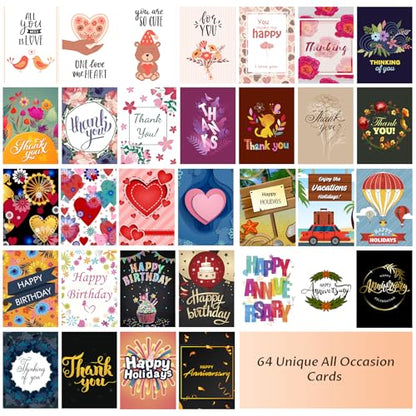 YedsIntu 64 Pack All Occasion Cards Assortment Box with Envelopes & Stickers, 4×6 Inch Assorted Blank Greeting Cards for Birthday, Holiday, Love, Anniversary, Thinking of You, Thank You Cards