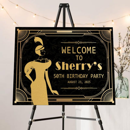 Roaring 20's Birthday Party Welcome Sign with Flapper Girls, 1920s Art Deco Custom 55th Birthday Party Sign, Welcome to Harlem Nights Signs, Great Gatsby 50thBirthday Decorations - color: Design 8