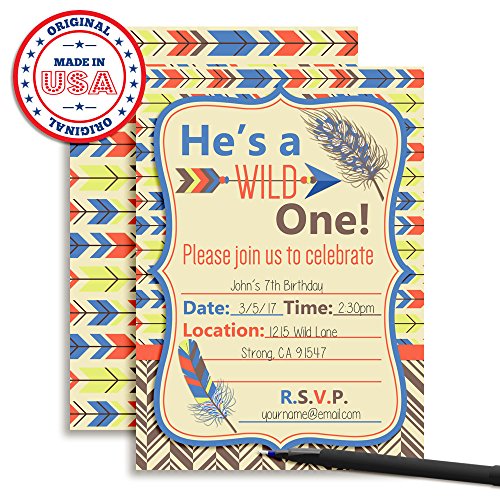 Wild One Boy, Tribal Boho Birthday Party Invitations Fill In Invitations, 20 5x7 Fill In Cards with Twenty White Envelopes by AmandaCreation - style: Wild One Boy