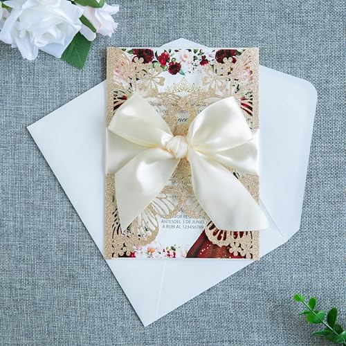 20 PCS Butterfly Quinceanera Invitation, Laser Cut Invitation Cards | 5.12x7.2" light Gold Glitter Butterfly Quinceanera Invitation with Envelopes for XV Anos Bridal Shower Baby Shower Invite - color: Gold Glitter