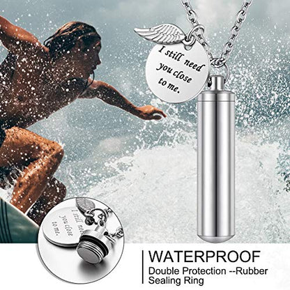 abooxiu Cylinder Urn Necklace for Ashes Cremation Jewelry/Keychain for human Pet Stainless Steel Memorial Keepsake Pendant with Angel Wing Charm Ashes - color: Silver-l