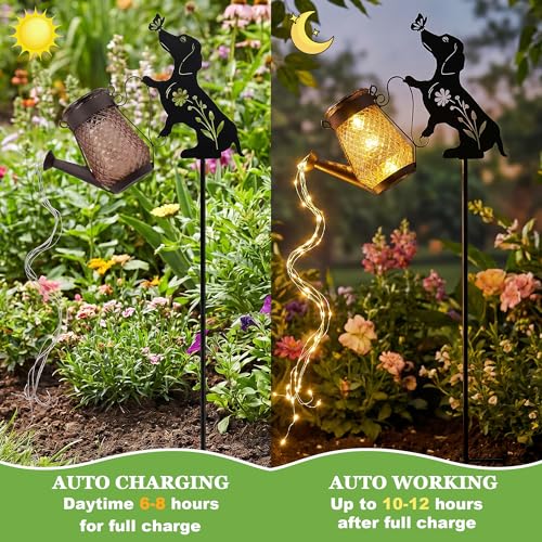 Solar Watering Can Light Dog Stake 37in Garden Waterfall LED Outdoor Art - color: Dog Watering Can