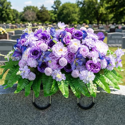 Cemetery Flower Saddles for Headstones: Purple Grave Decorations | Beautiful, Weather-Resistant, Fake Rose Camellia Tombstone Flowers, Saddle for Cemetery Gravestone, for Spring, for Mom, Dad - color: Purple & Lilac