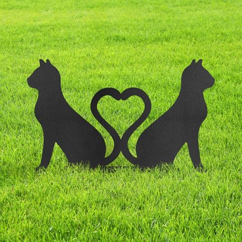 Dual Cat with Heart-Shaped Tails Metal Decorative Garden Stakes Cat Gifts for Cat Lovers Statues for Yard Art, Outside, Patio, Outdoor Decor, Garden Decorations, Lawn Ornaments - 12" Black - color: STA02-2408-M02, size: 12" Black