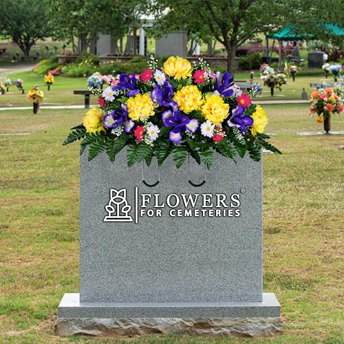 Sympathy Silks 30" Spring Headstone Flowers Saddle - Purple Iris, Yellow Mum, Daisies - Grave Flowers - Mother's Day Spring Flowers