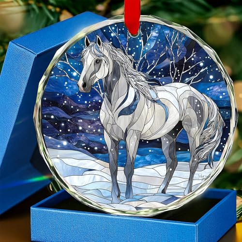 White Horse Glass Ornament Horses Gifts with Ribbons & Gift Box, Holiday Farmhouse Gifts for Women Men, Equestrian Gift for Women Horse Lovers Girls Cowgirls, Horses Xmas Decor Ornament Exchange Ideas - color: Horse