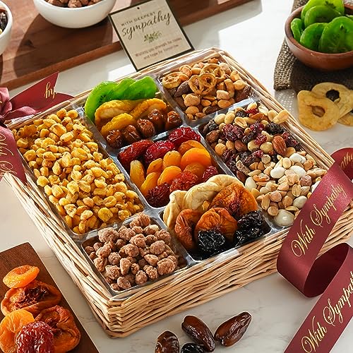 Broadway Basketeers Deluxe Sympathy Gift Basket Select Dried Fruit & Nuts | Premium healthy condolence gift for bereavement, funeral, loss of a loved one, families, and corporate sympathy.