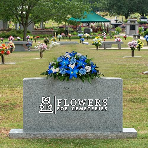 Sympathy Silks 30" Headstone Flower Saddle Artificial Cemetery Flowers - Gravesite Flowers - Blue Lily and Rose with White Daisies - color: Blue, size: Saddle