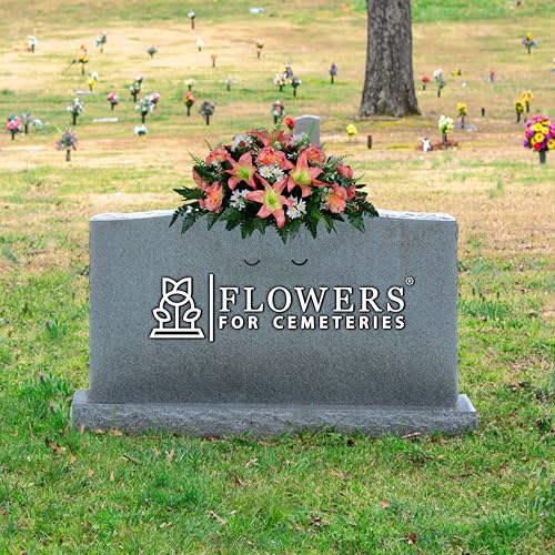 Sympathy Silks 30" Headstone Flower Saddle Artificial Cemetery Flowers - Gravesite Flowers - Peach Lily and Carnation with White Daisies - color: Peach, size: Saddle