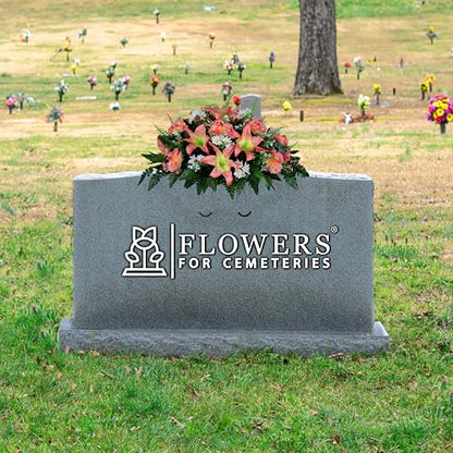 Sympathy Silks 30" Headstone Flower Saddle Artificial Cemetery Flowers - Gravesite Flowers - Peach Lily and Carnation with White Daisies - color: Peach, size: Saddle