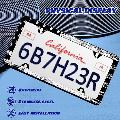 Vintage Black White American Flag License Plate Frame Patriotic Personalise Stainless Steel Funny Design Compatible with Standard License Plate Holder for USA and Canada 6 X 12 with Screws | Screws Included，2-Hole ，6x12 Inch，Anti-Rust，Rattle-Proof ，Weathe