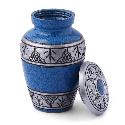 Small Blue Cremation Urn for Human Funeral Remains | Mini Sacred Ash Container | Velvet Carry Bag | Paper Funnel | Gift Box | Handcrafted Engraved Urn & Keepsake - color: Blue-engraved