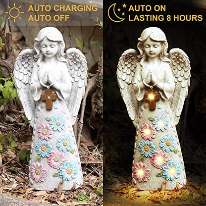Voveexy Angel Garden Statue Outdoor Figurine, Solar Powered Garden Sculpture with 6 LEDs Resin Praying Angel Decor for Patio Lawn Yard Porch Decoration Christmas Birthday Housewarming Present 13.2” H