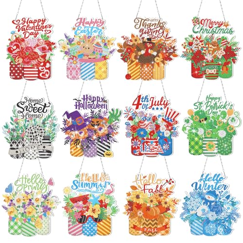 Cinnvoice Seasonal Diamond Art Hanging Kit,12 Pcs,Mason Jar | Holiday Diamond Art Wreath Ornament, Month Gem Hanging Sign, Festival Crystal Suncatcher, for Door Window Wall Home Decor - style: Mason Jar