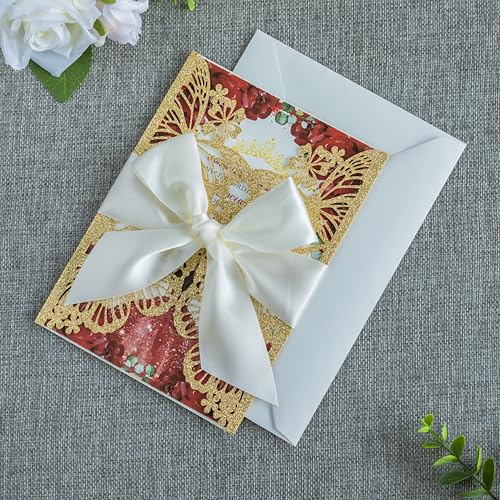 20 PCS Butterfly Quinceanera Invitation, Laser Cut Invitation Cards | 5.12x7.2" Gold Glitter Butterfly Quinceanera Invitation with Envelopes for XV Anos Bridal Shower Baby Shower Invite - color: Golden Glitter
