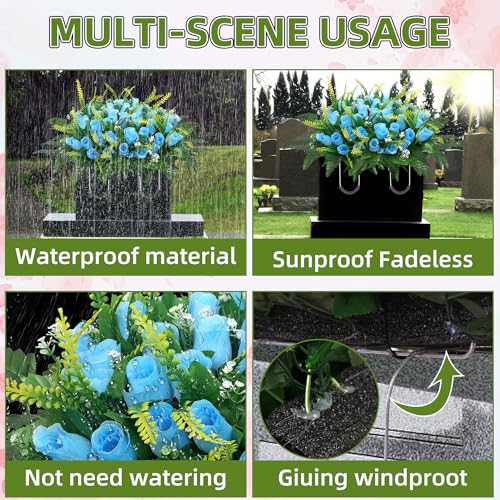 Cemetery Headstone Flower Saddle, Blue Silk Roses, 19x9x27 Inches, 1 Piece, Traditional Elegant Style, Artificial Grave Flowers, Grave Tombstone Decorations - color: Blue