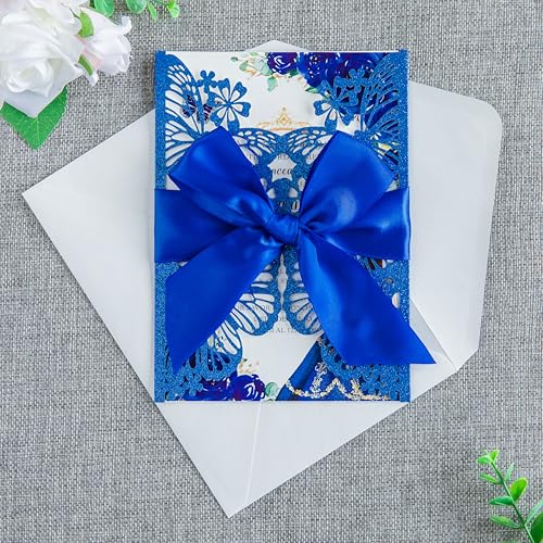 20 PCS Butterfly Quinceanera Invitation, Laser Cut Invitation Cards | 5.12x7.2" Blue Glitter Butterfly Quinceanera Invitation with Envelopes for XV Anos Bridal Shower Baby Shower Invite - color: Blue Glitter