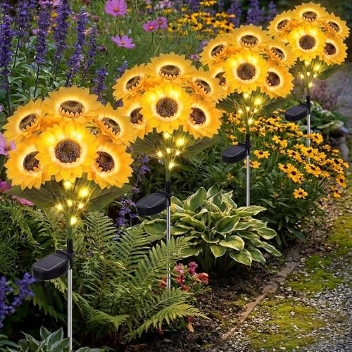 VIHOSE 4 Pack Sunflower Solar Lights with 24 Sunflowers 45 LED Ip65 Waterproof Outdoor Stake Lights with Upgraded Solar Panel for Yard Patio Landscape Lawn Garden Decor for Mom Grandma Birthday Gifts - style: Sunflower