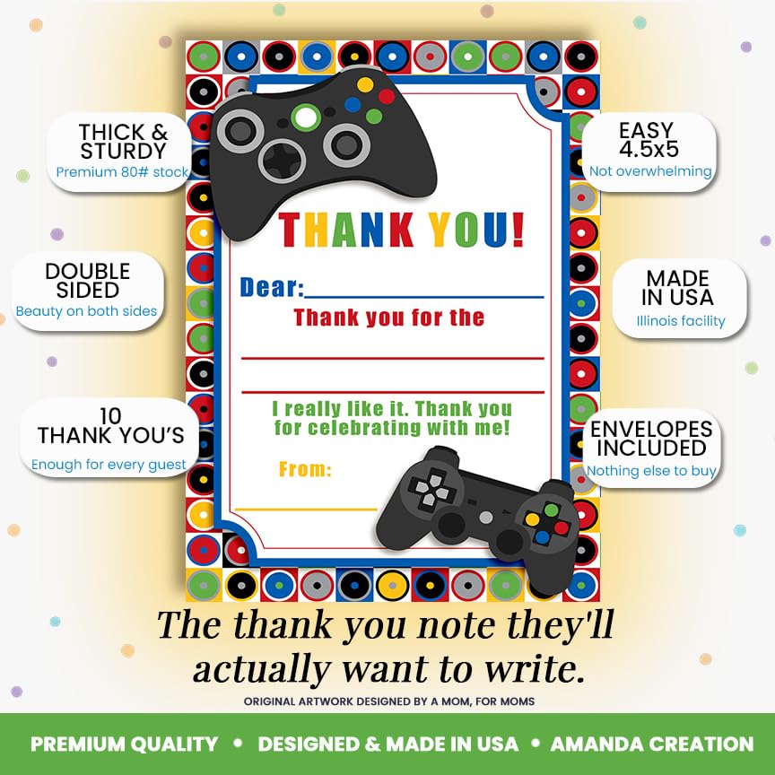 Amanda Creation Video Game Thank You Cards, 10 Pack 4x5.5 Kids Thank You Cards Fill in the Blank with White Envelopes, Game On Gamer Birthday Notes, Made in USA - style: Game On Video Gamer